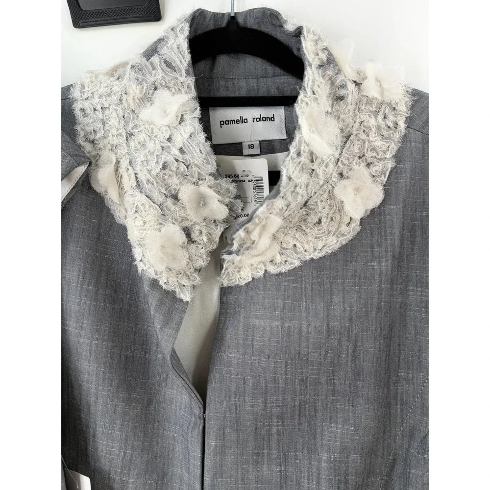 Pamella Roland 2 Pc Dress Coat Set Womens 18 Gray Luxe Floral Lace Trim Evening